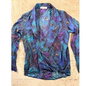 Testament Anthropology‎  XS Peacock Feather Print Surplice Wrap Blouse Boho Mod